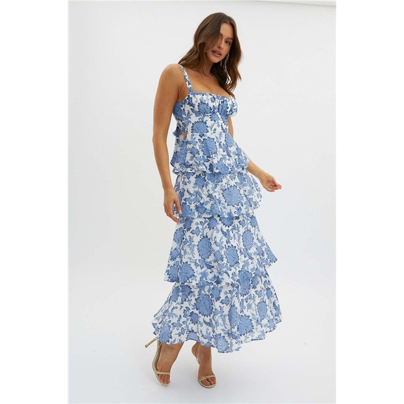 Slim Fit Waist Floral Print Long Strapless Dress
