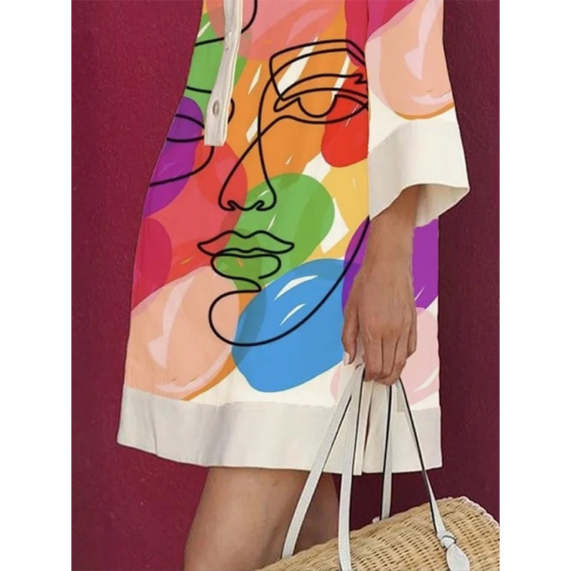 Loose Three-Quarter Sleeves Buttoned Contrast Color Figure Printed Lapel Collar Mini Dresses