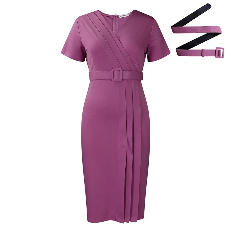 V Neck Waist Belted Pencil Dress