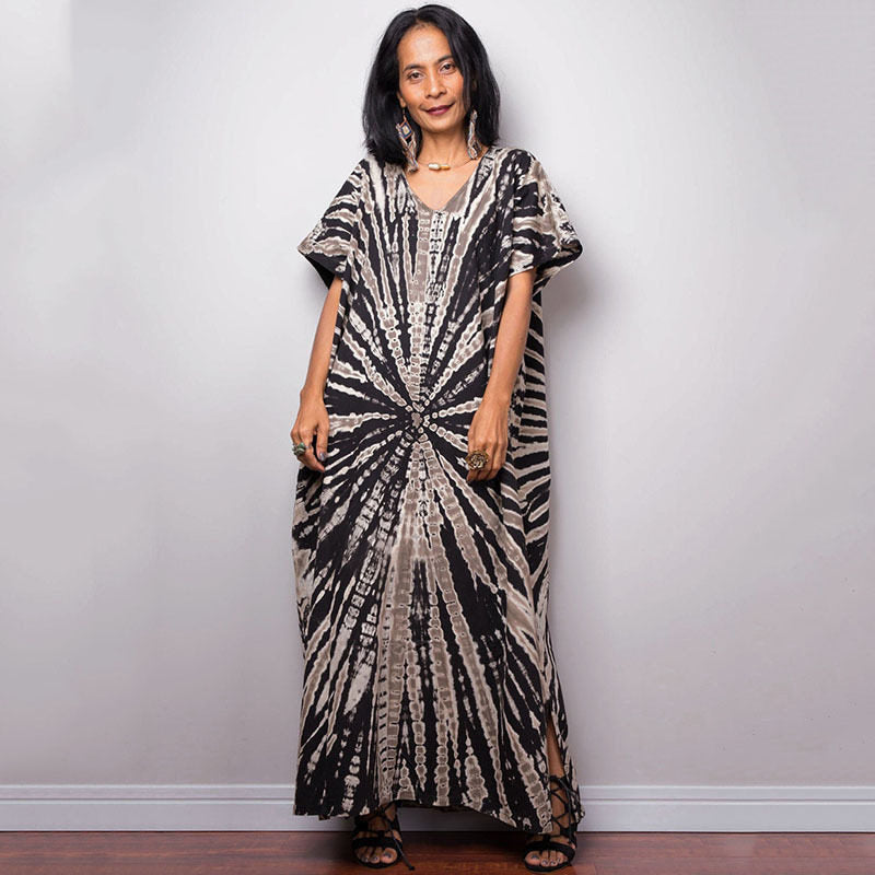 Short Sleeves Tie-Dyed Split Maxi Dress