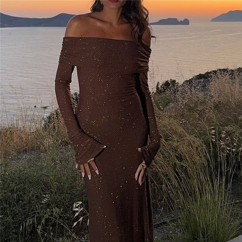 Sparkly One Shoulder Long Sleeve Solid Dress