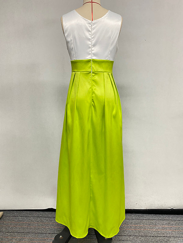 A-Line High Waisted Contrast Color Pleated Zipper Deep V-Neck Maxi Dresses