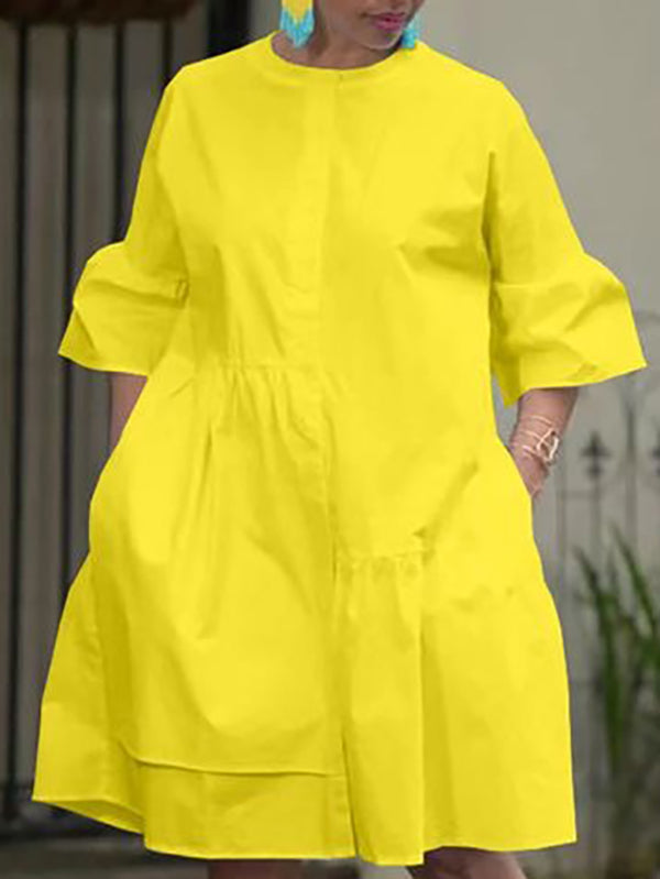 Loose Three-Quarter Sleeves Asymmetric Buttoned Pleated Pockets Solid Color Split-Joint Round-Neck Midi Dresses