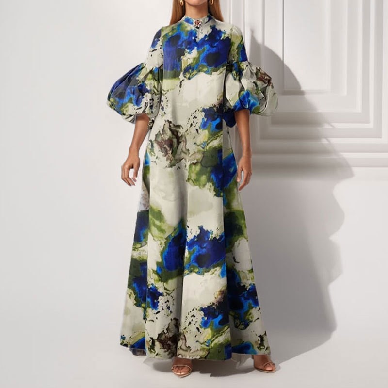 Flowy Print Bubble Sleeve Maxi Dress