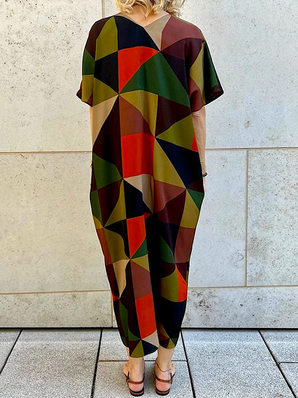 Batwing Sleeves Loose Contrast Color Geometric Printed V-neck Maxi Dresses Midi Dresses