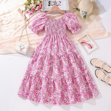 Girl's Dress With Elasticized Ruffles And Printed Flowers