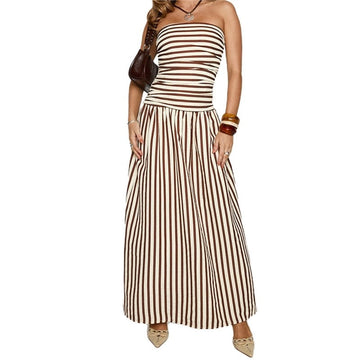 Striped Bustier Shirred Maxi Dress