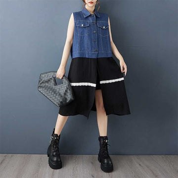 Colorblock Lace Denim Vest Dress
