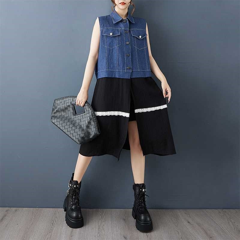 Colorblock Lace Denim Vest Dress