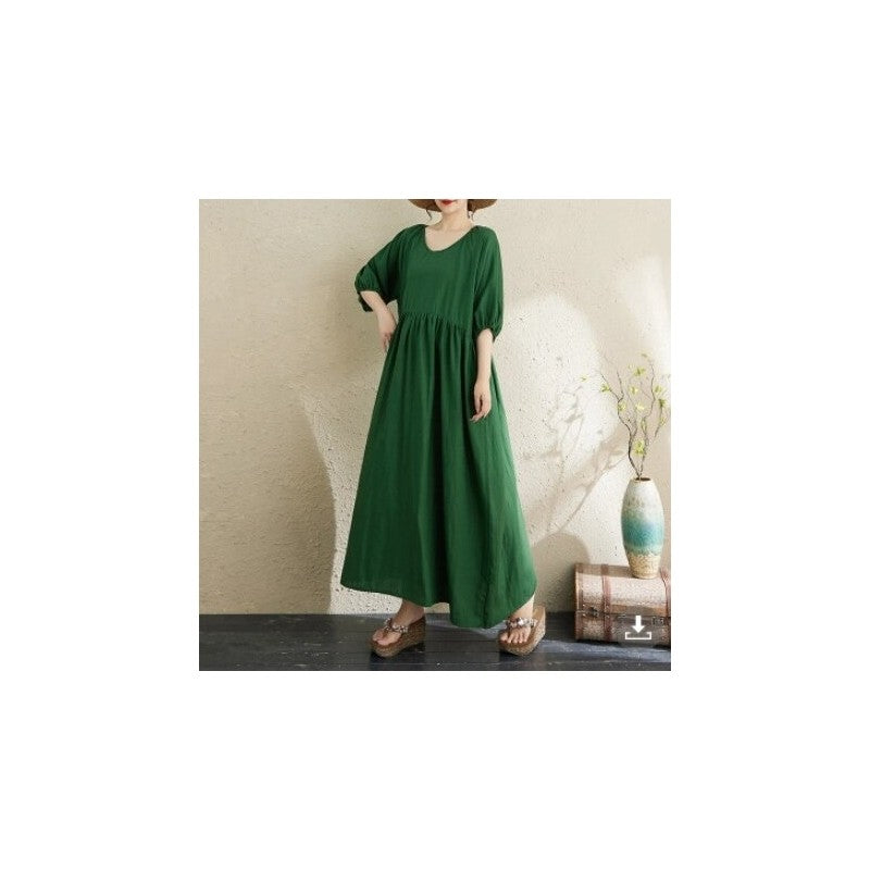 Double Gauze Round Neck Lantern Sleeve Loose Dress