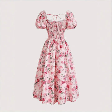 Printed Bubble Sleeve Midi Dress