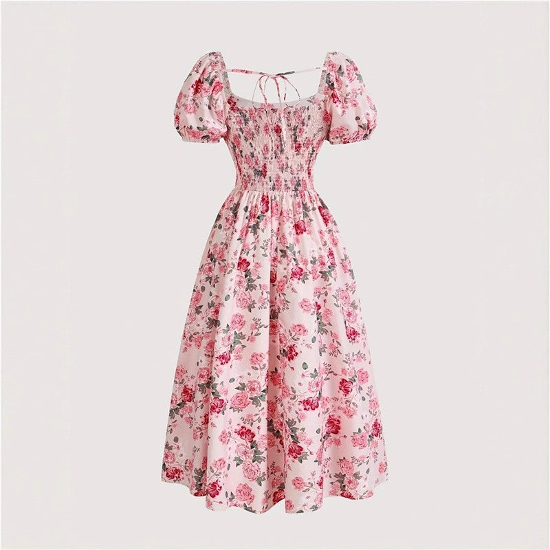 Printed Bubble Sleeve Midi Dress