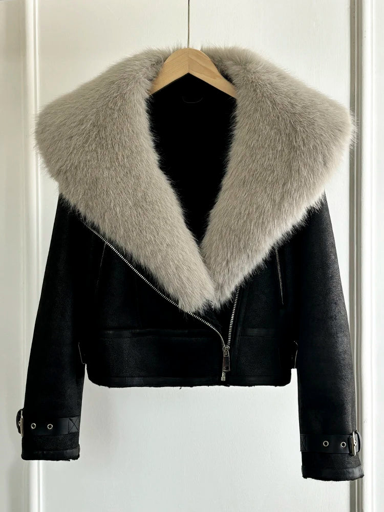 Women Faux Fur Collar Street Style Leather Jacket