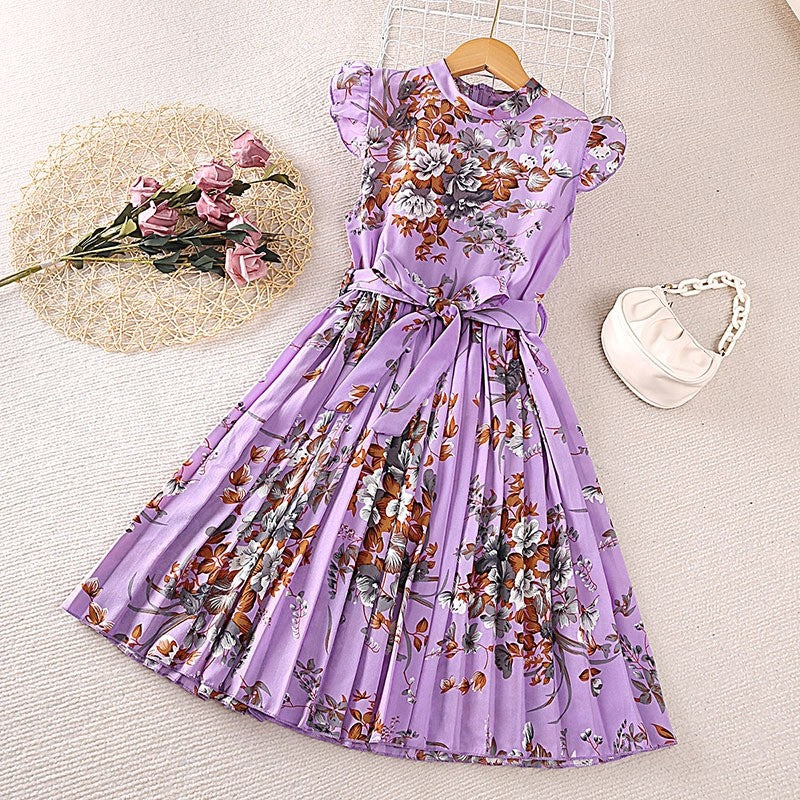Girl's Lace-Up Printed Dash Sleeve Dress