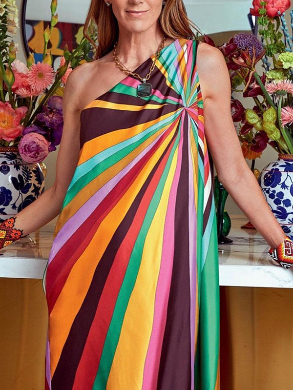 Loose Sleeveless Asymmetric Contrast Color Striped One-Shoulder Maxi Dresses