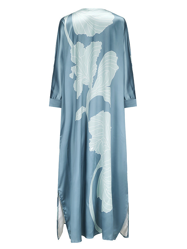 Long Sleeves Buttoned Contrast Color Flower&Leaves Print Muslim V-Neck Midi Dresses
