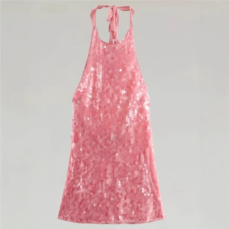 Sequined Halter Sleeveless Backless Short Dress