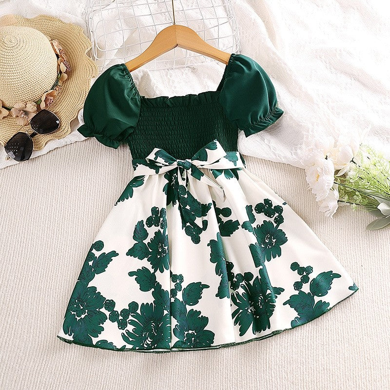 Girls Short Sleeve Printed Lace-Up Princess Dress