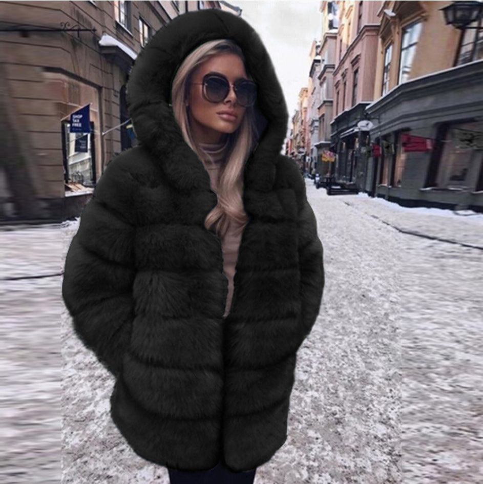 Fashion Artificial Fox Fur Long Overcoat with Hat