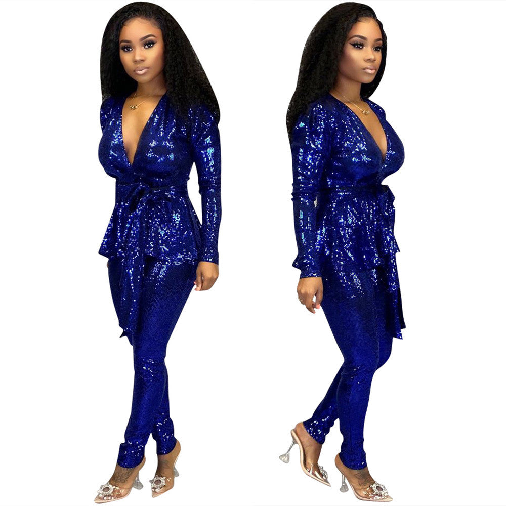 Sexy Fashion Gold Stamp Long Sleeves  Party Outfits Sets with Belt