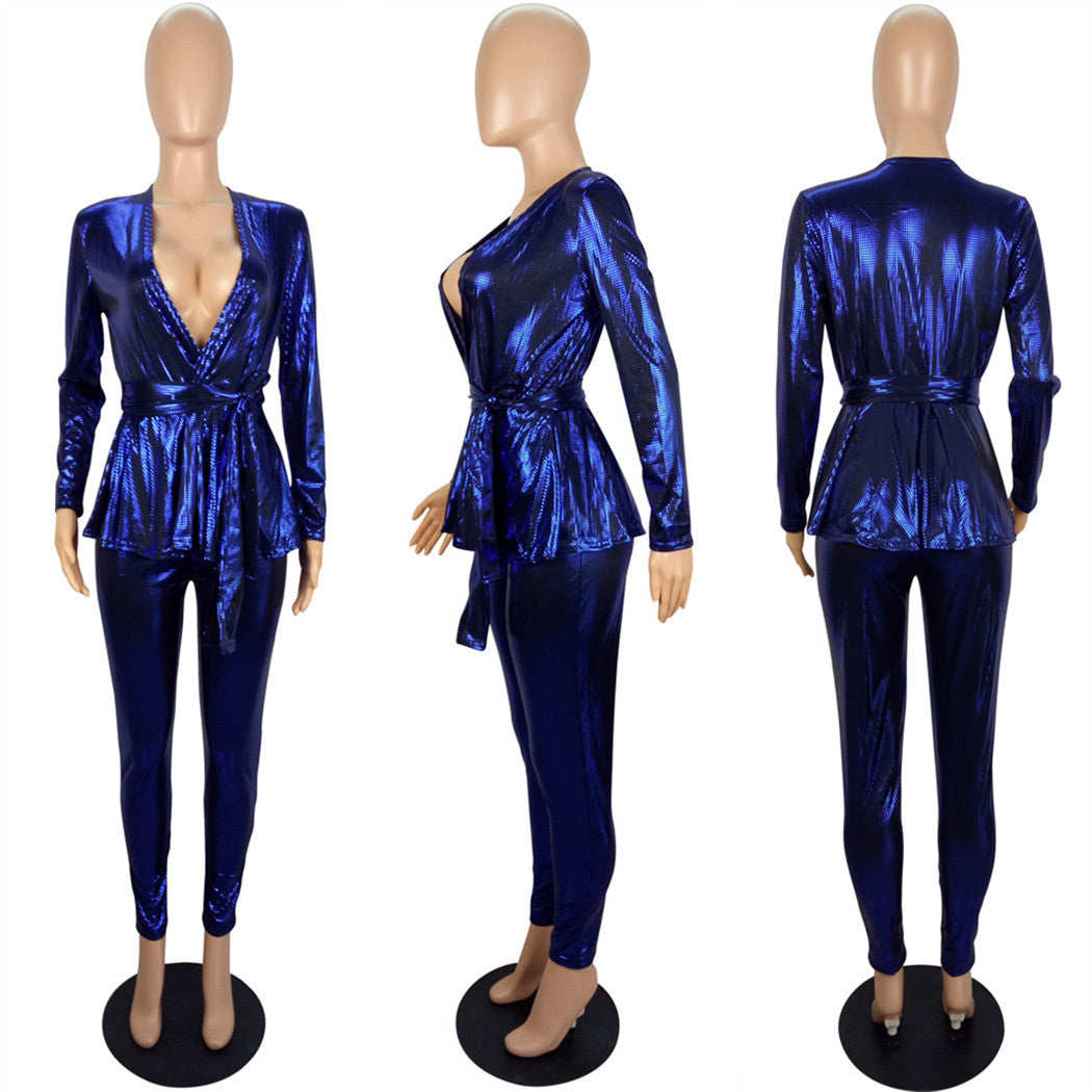 Sexy Fashion Gold Stamp Long Sleeves  Party Outfits Sets with Belt