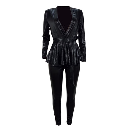 Sexy Fashion Gold Stamp Long Sleeves  Party Outfits Sets with Belt
