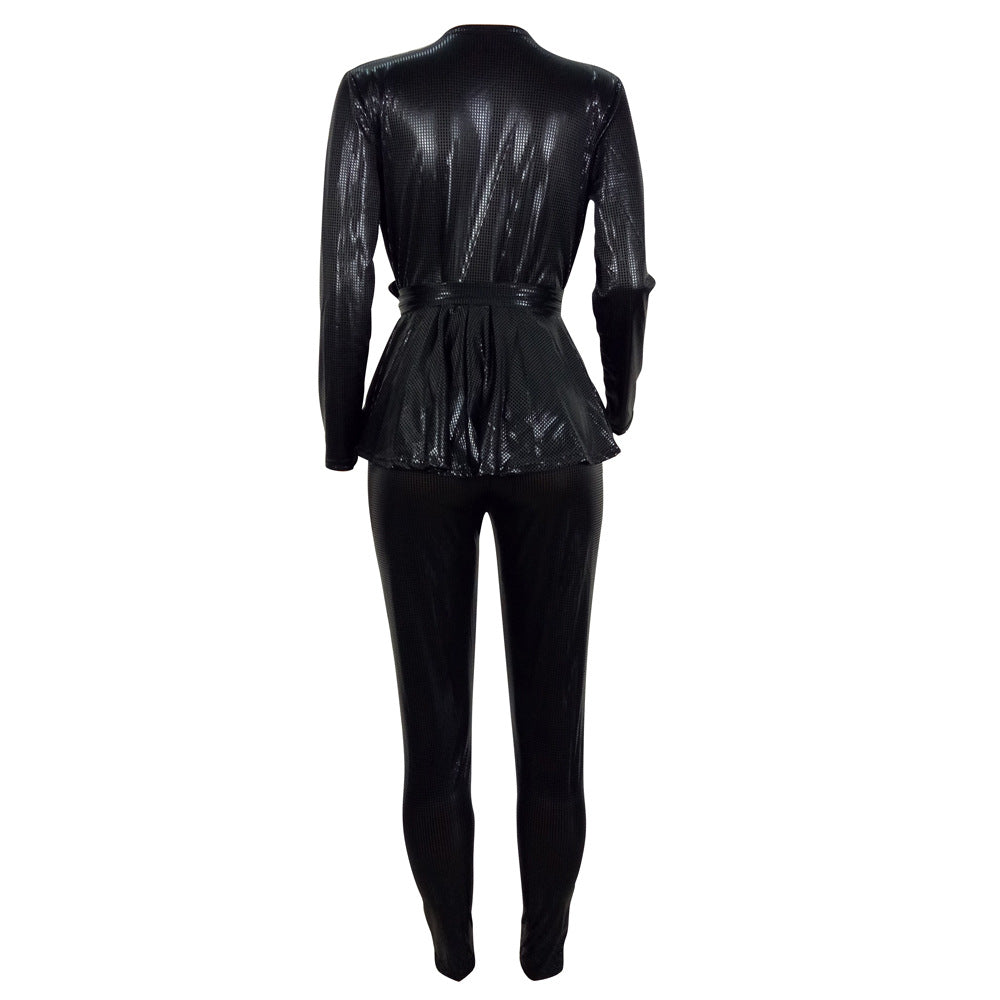 Sexy Fashion Gold Stamp Long Sleeves  Party Outfits Sets with Belt
