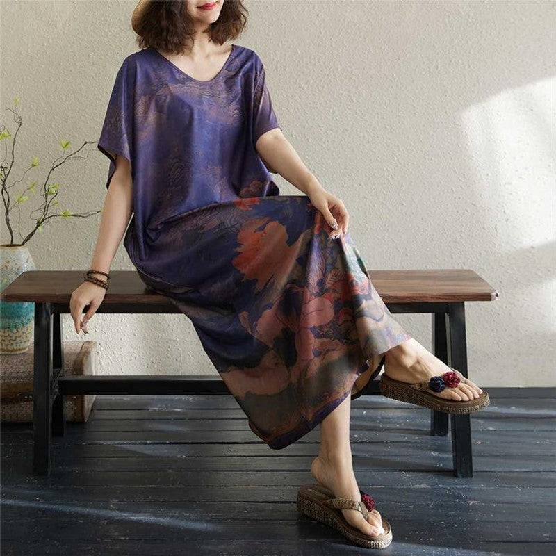 Printed Round Neck Short Sleeve Maxi Dress