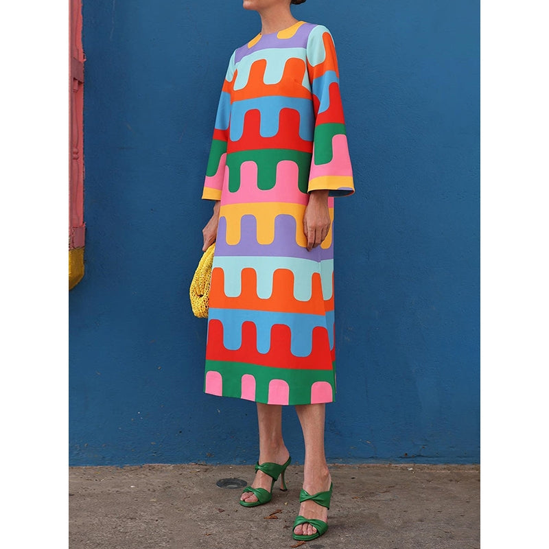 Long Sleeves Loose Printed Split-Side Round-Neck Midi Dresses