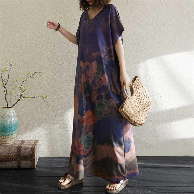 Printed Round Neck Short Sleeve Maxi Dress