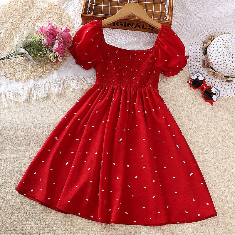 Printed Short Sleeve Elasticized Girls' Dresses