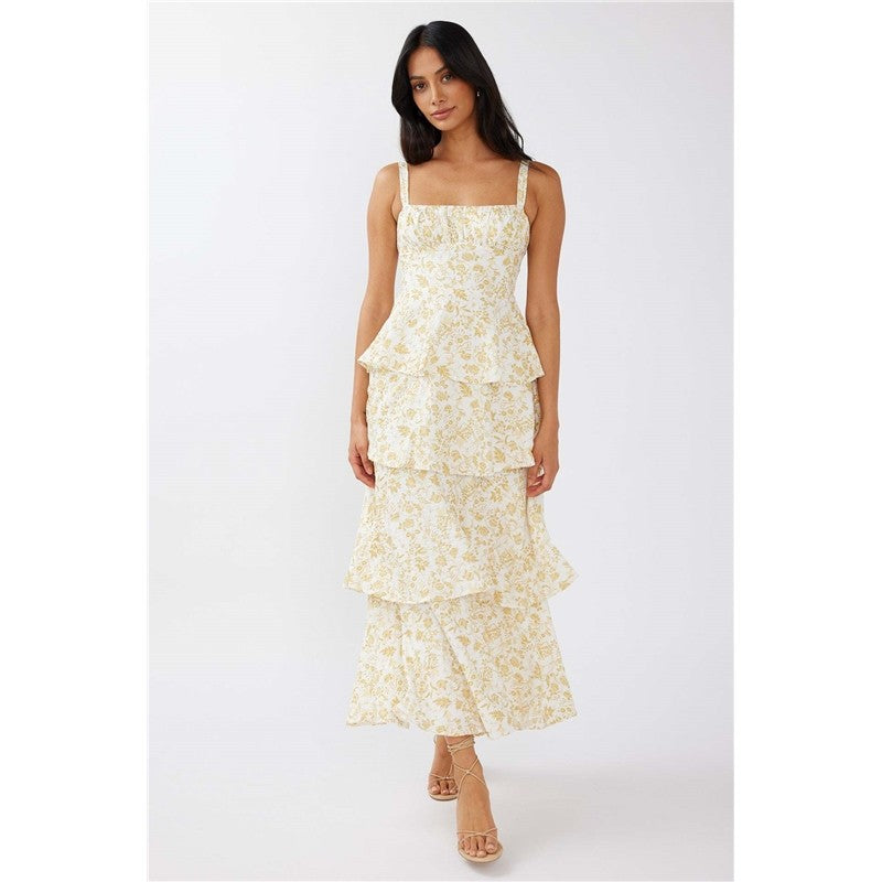 Slim Fit Waist Floral Print Long Strapless Dress