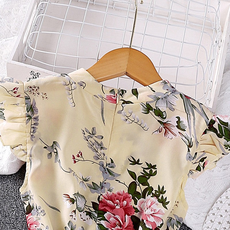 Girls' Printed Dash Sleeve Lace-Up Dress