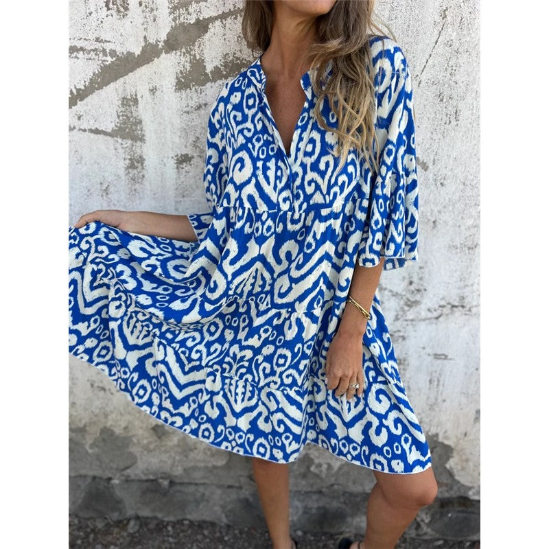 Loose V-Neck Print Pleated Short Dress