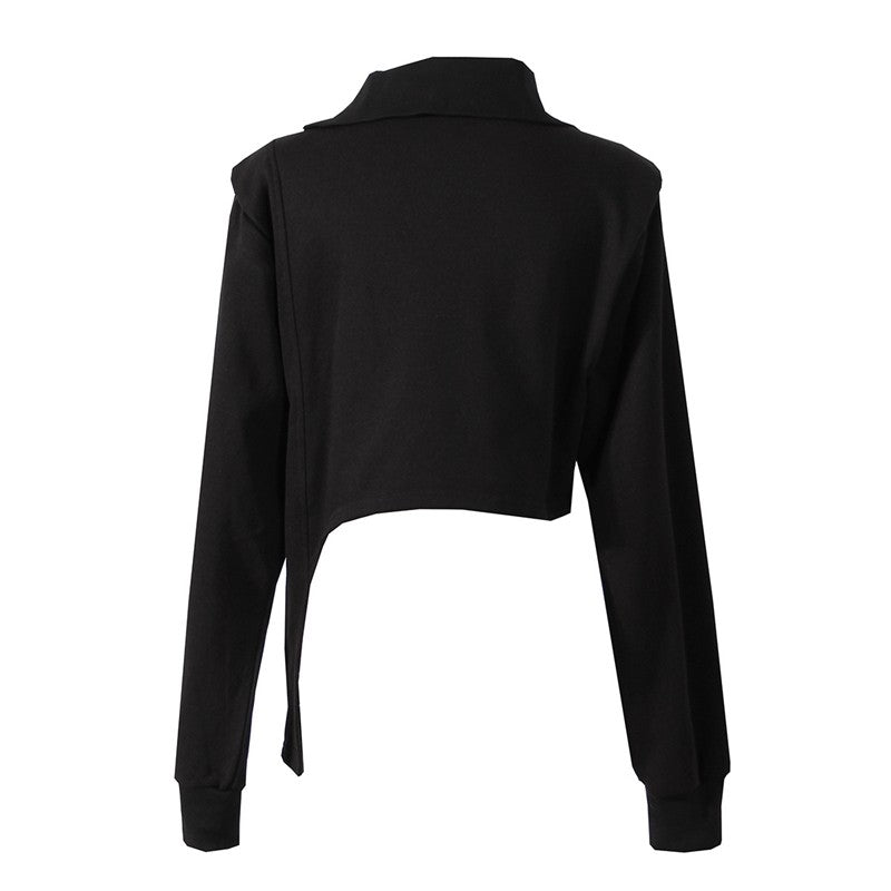 Solid Color Short Zip High Neck Asym Hem Slim Fit Sweatshirt