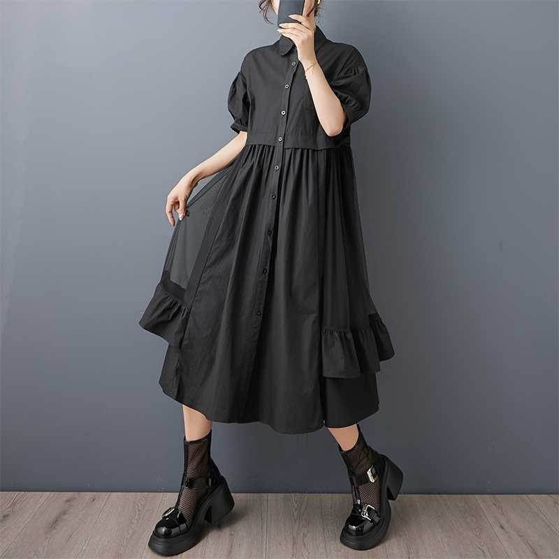 Asymmetrical Mesh Paneled Shirt Dress