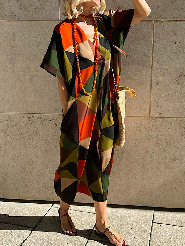 Batwing Sleeves Loose Contrast Color Geometric Printed V-neck Maxi Dresses Midi Dresses