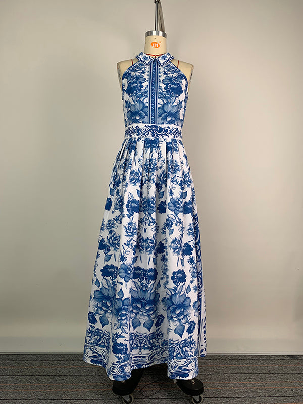 A-Line Loose Flower Print Split-Joint Lapel Maxi Dresses