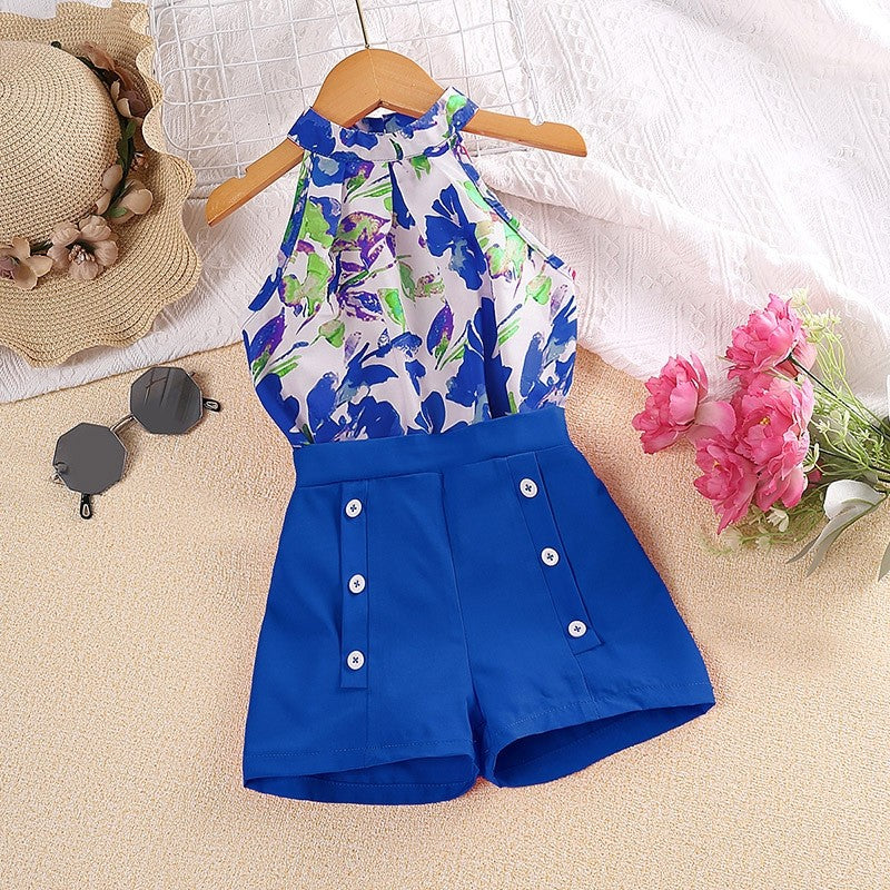 Printed Hanging Neck Top Shorts Girl's Set