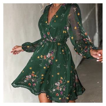 V-Neck Long Sleeve Floral Short Dress