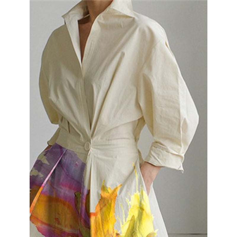 Long Sleeves Loose Pleated Split-Joint Tied Waist Lapel Midi Dresses Shirt Dress