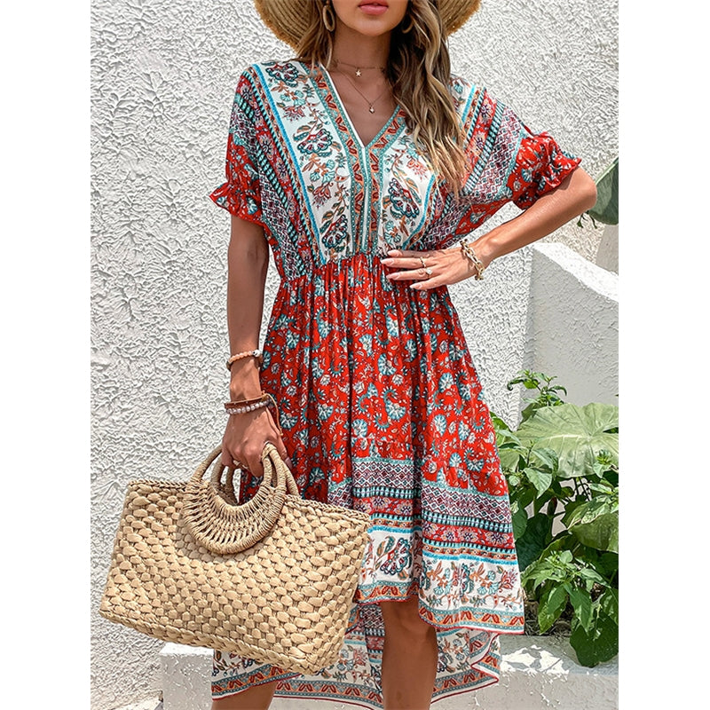 V-Neck Short Sleeves Backless Printed Midi Dress