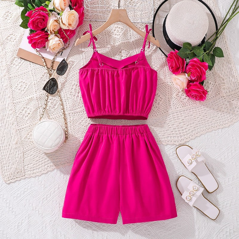 Solid Color Dressy Camisole Top Shorts Girl's Set