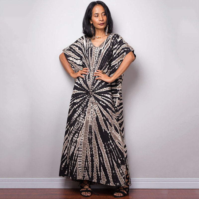 Short Sleeves Tie-Dyed Split Maxi Dress