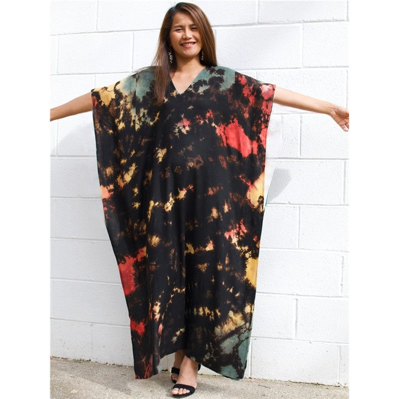 Half Sleeves V-Neck Tie-Dyed Maxi Dress