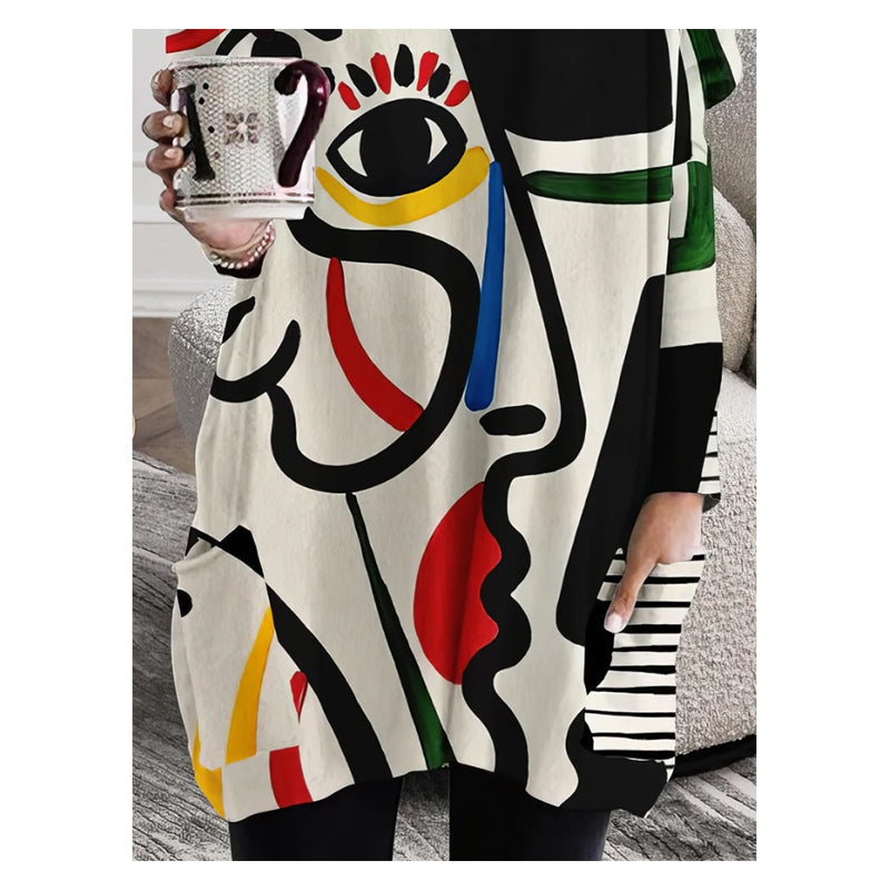 Long Sleeves Loose Abstract Printed Contrast Color Figure Printed Round-neck T-Shirts Tops