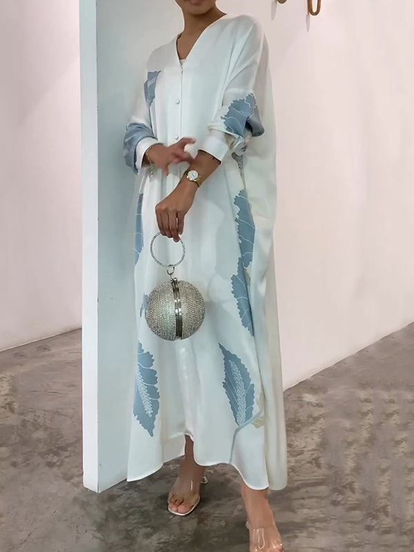 Long Sleeves Buttoned Contrast Color Flower&Leaves Print Muslim V-Neck Midi Dresses