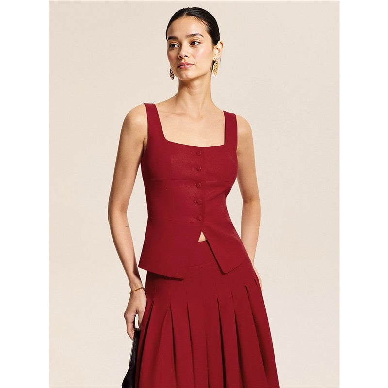 Waist Cut Sleeveless Vest Skirt Split Flare