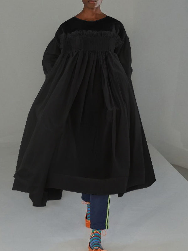 A-Line Long Sleeves Mesh Pleated Pockets See-Through Solid Color Split-Joint Round-Neck Midi Dresses