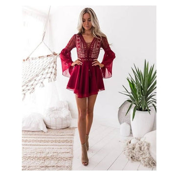 Lace V Neck Tie Waist Flare Sleeve Dress